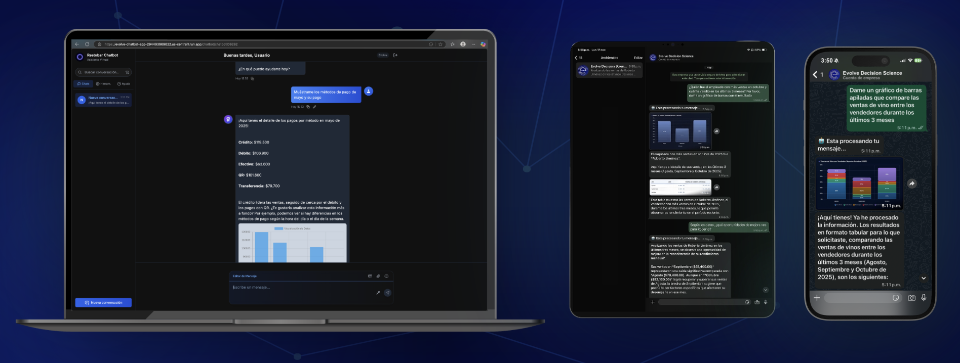 Merlina en escritorio, tablet y móvil — chat conversacional con datos del negocio