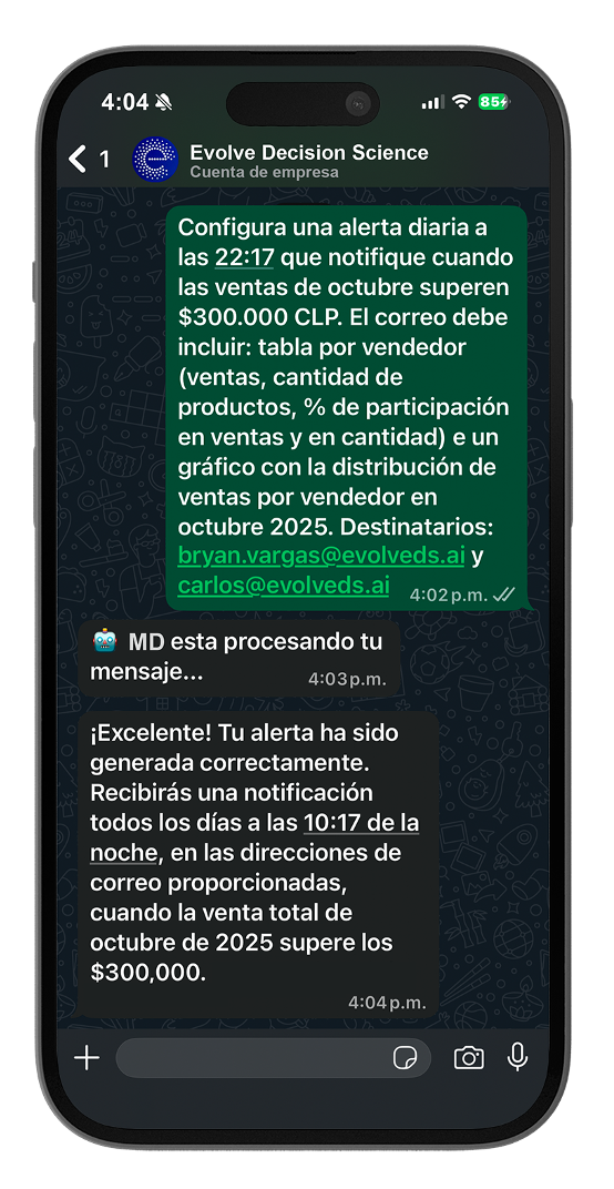 Alerta diaria configurada conversando por WhatsApp